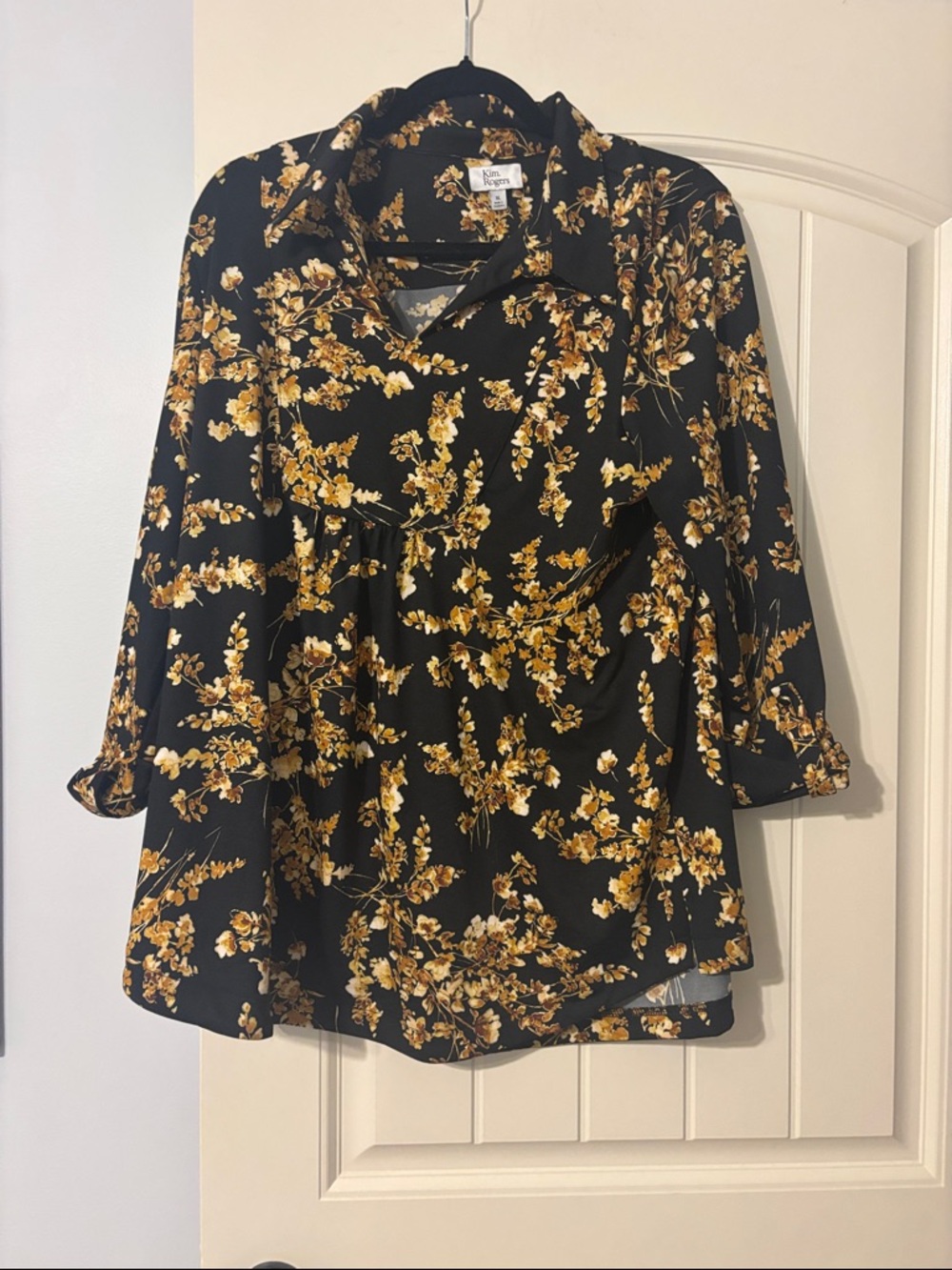 Black and Mustard Floral Peplum Button-Front Blouse- Kim Rogers brand